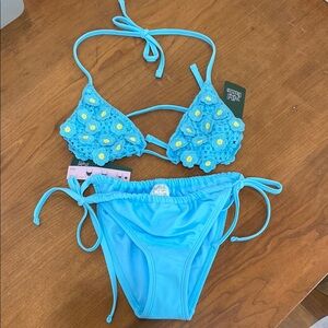 NWT Wild Fable Women's Blue Floral Crochet Side Tie Summer Beach Swim Set XXS